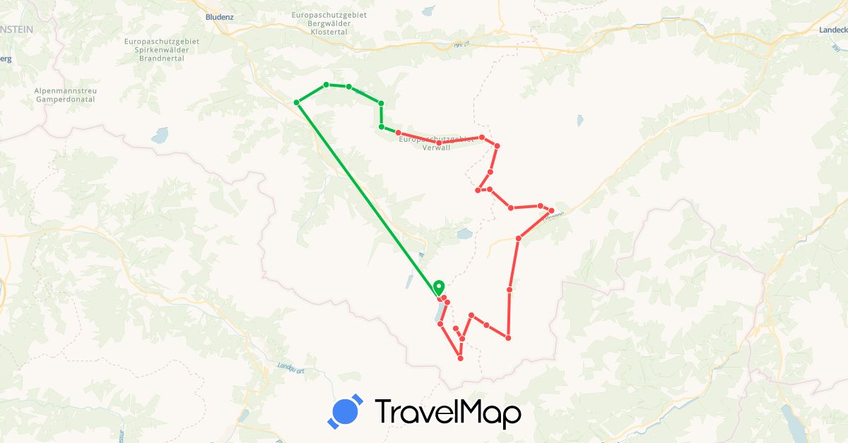 TravelMap itinerary: bus, hiking in Austria (Europe)